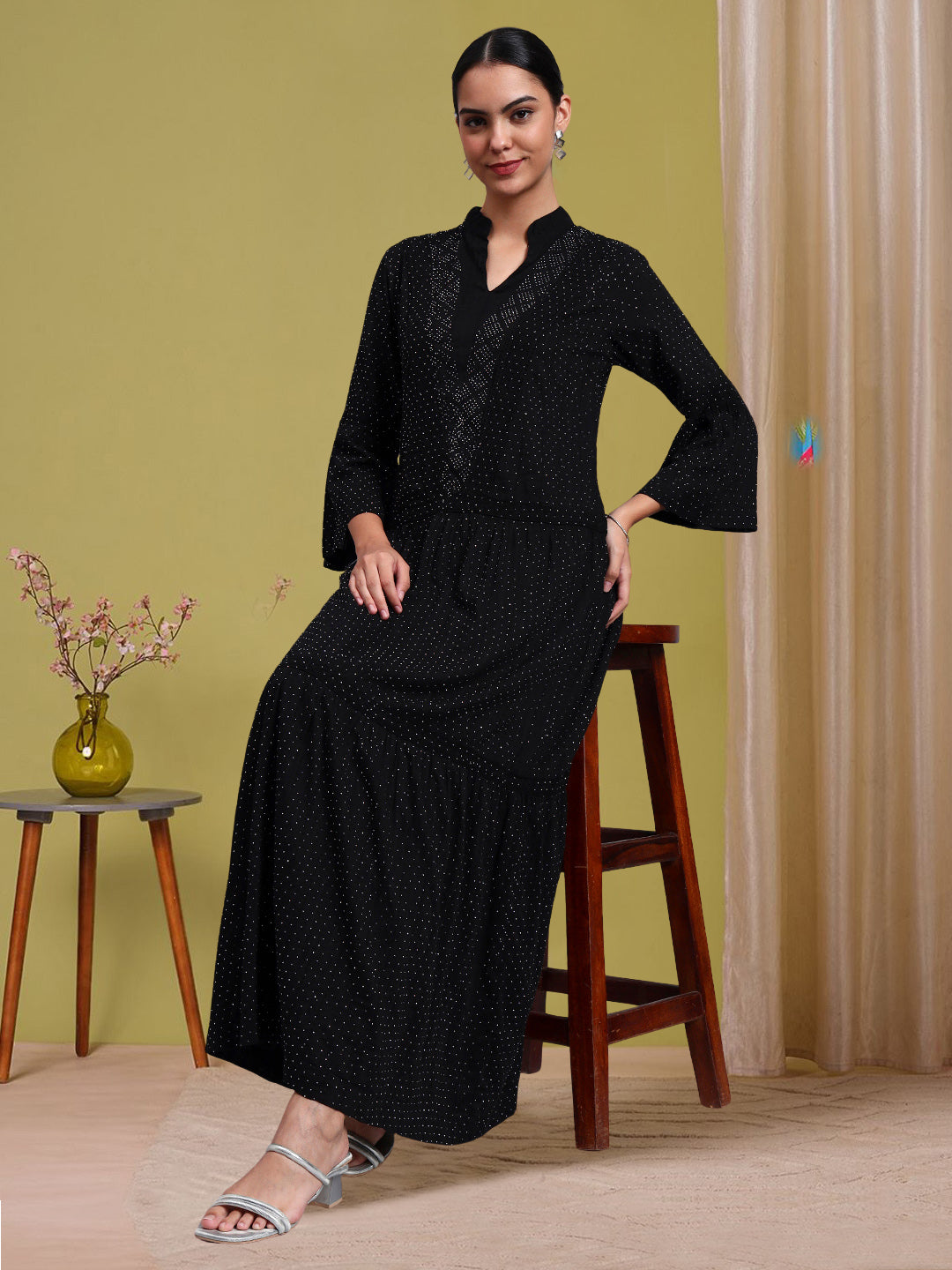 Women's Cotton Jalabiya with Mirror Work-AL4051 Black