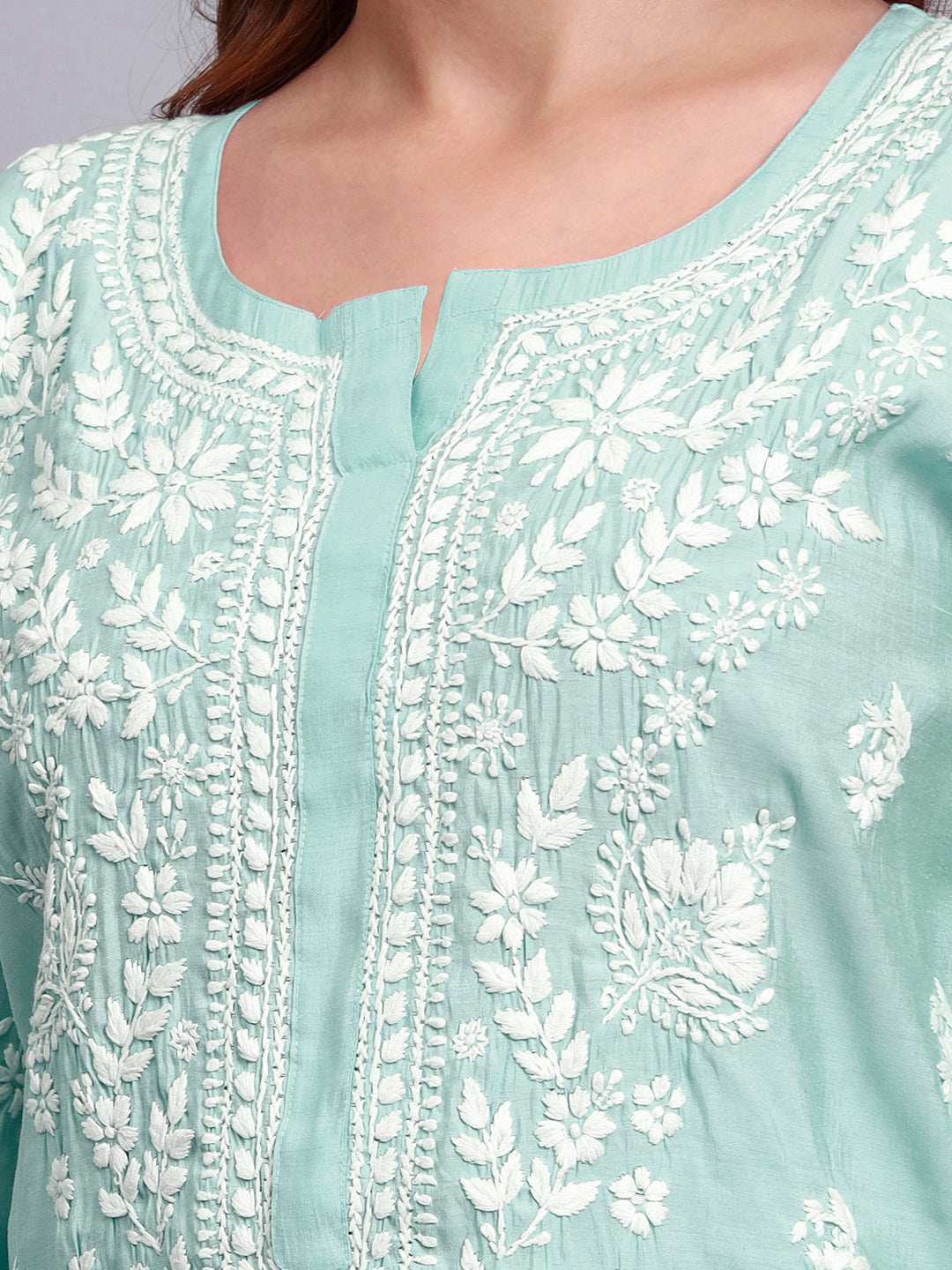 Women Hand Embroidered Chikankari Chanderi Kurta Set-AL4089KS Sea Green