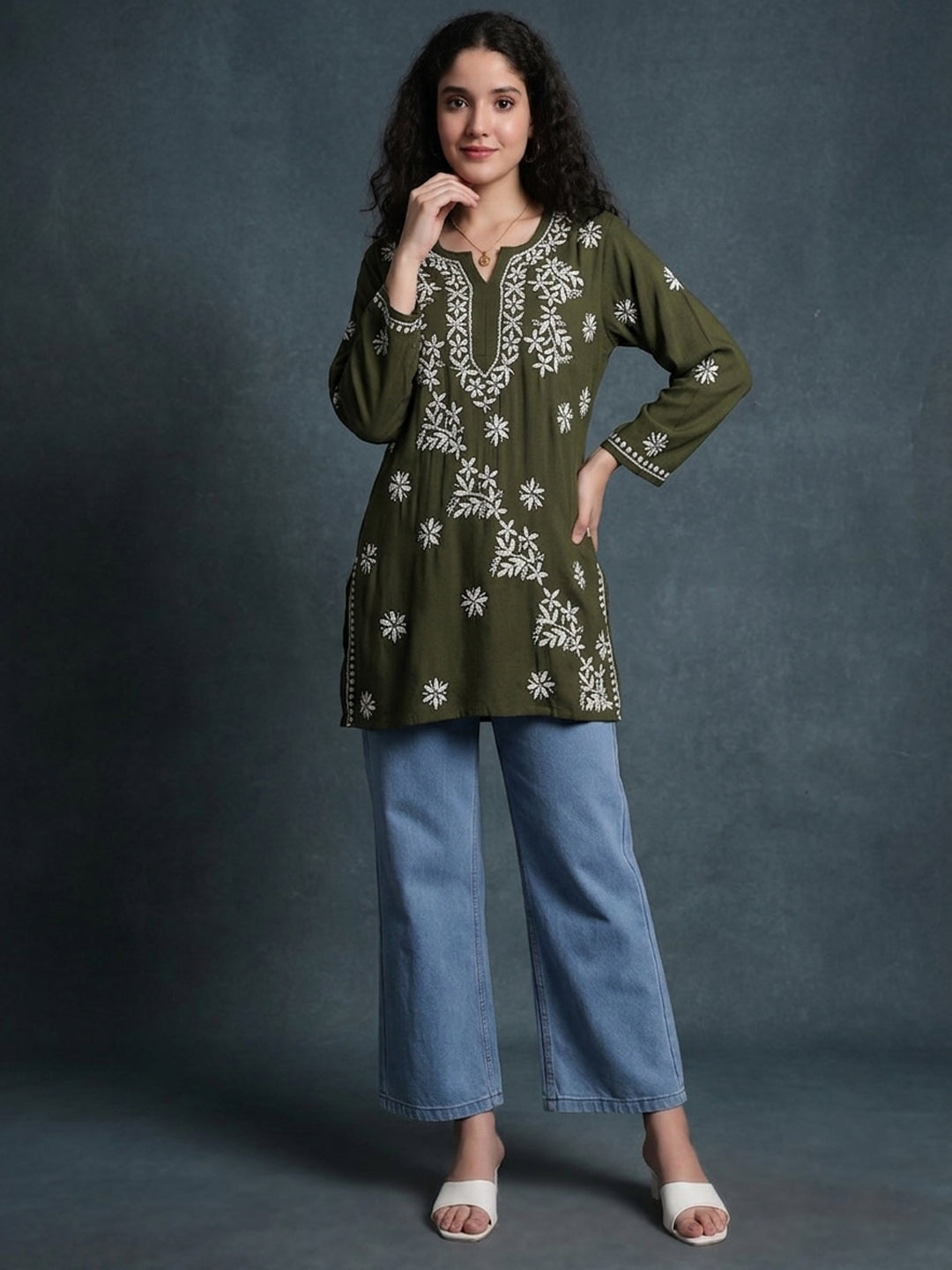 Women Chikankari Hand Embroidered Rayon Kurti -AL4071 Olive