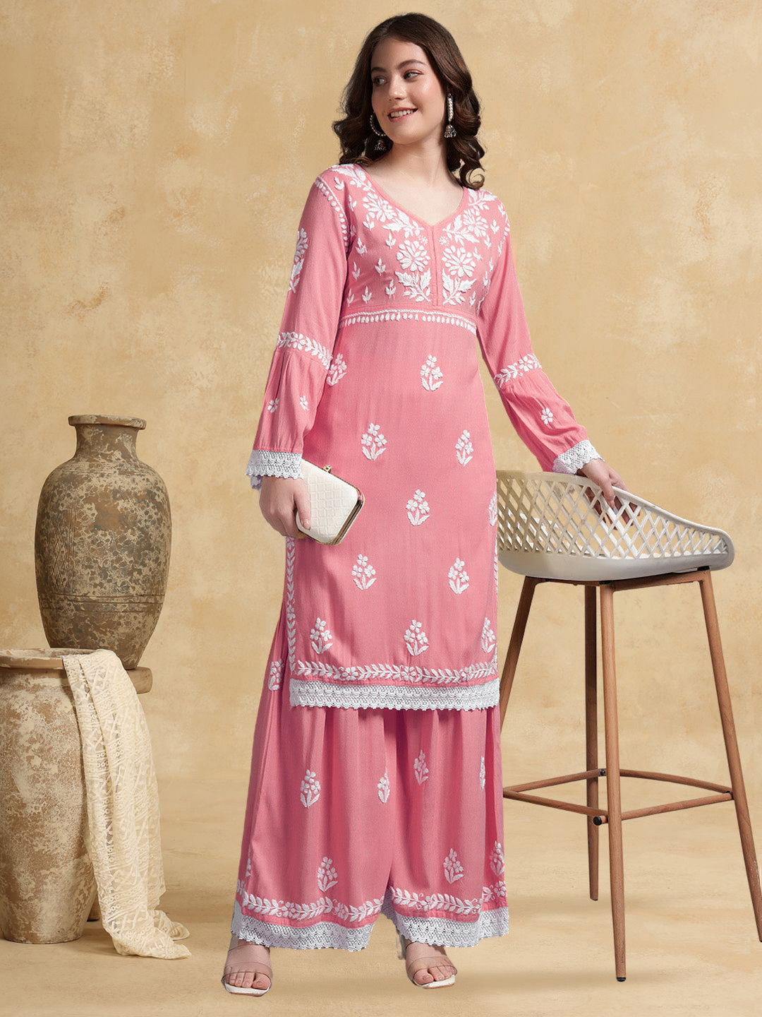 Women Hand Embroidered Lucknowi Chikankari Rayon Kurta Set-AL4077KS Rust