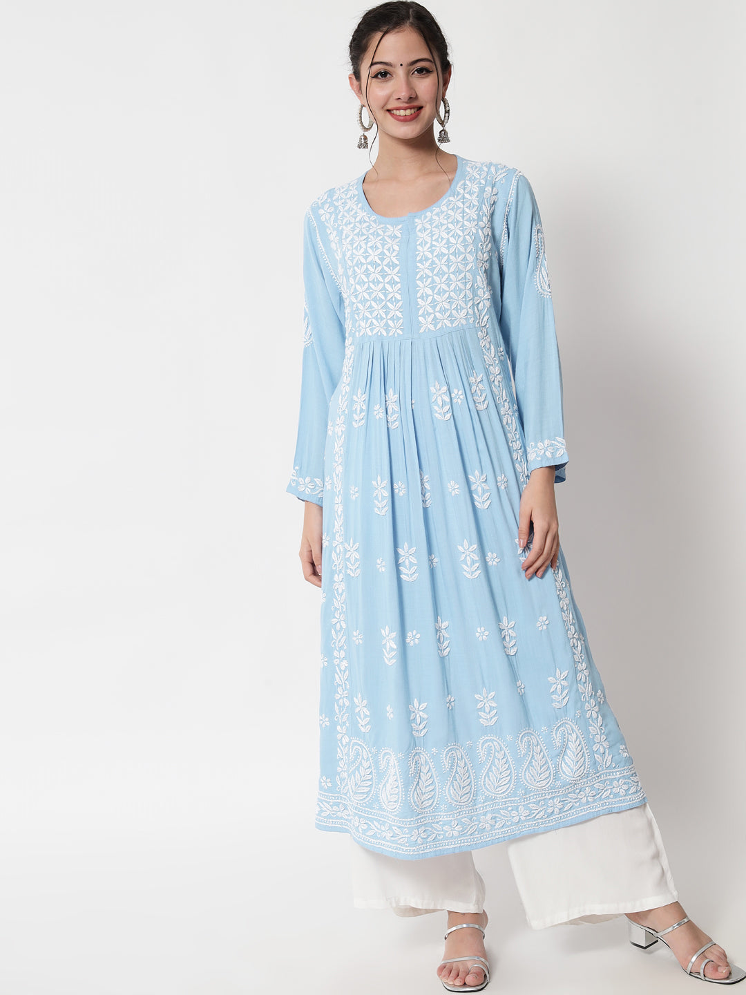 Women Hand Embroidered Chikankari Rayon Kurta-AL3549 Lightskyblue