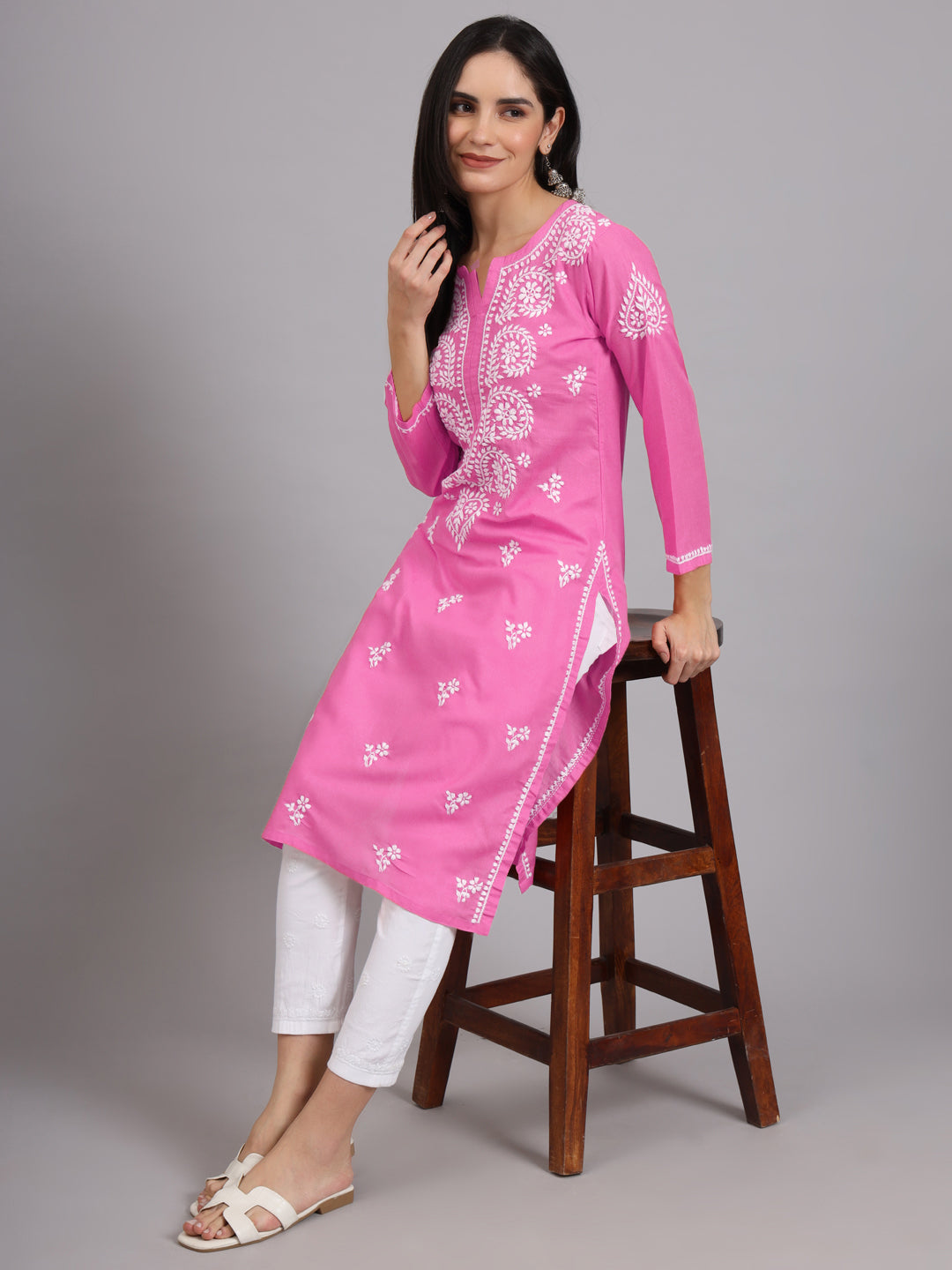 Hand Embroidered Chikankari Cotton Straight Kurta-AL3997 Dark Pink