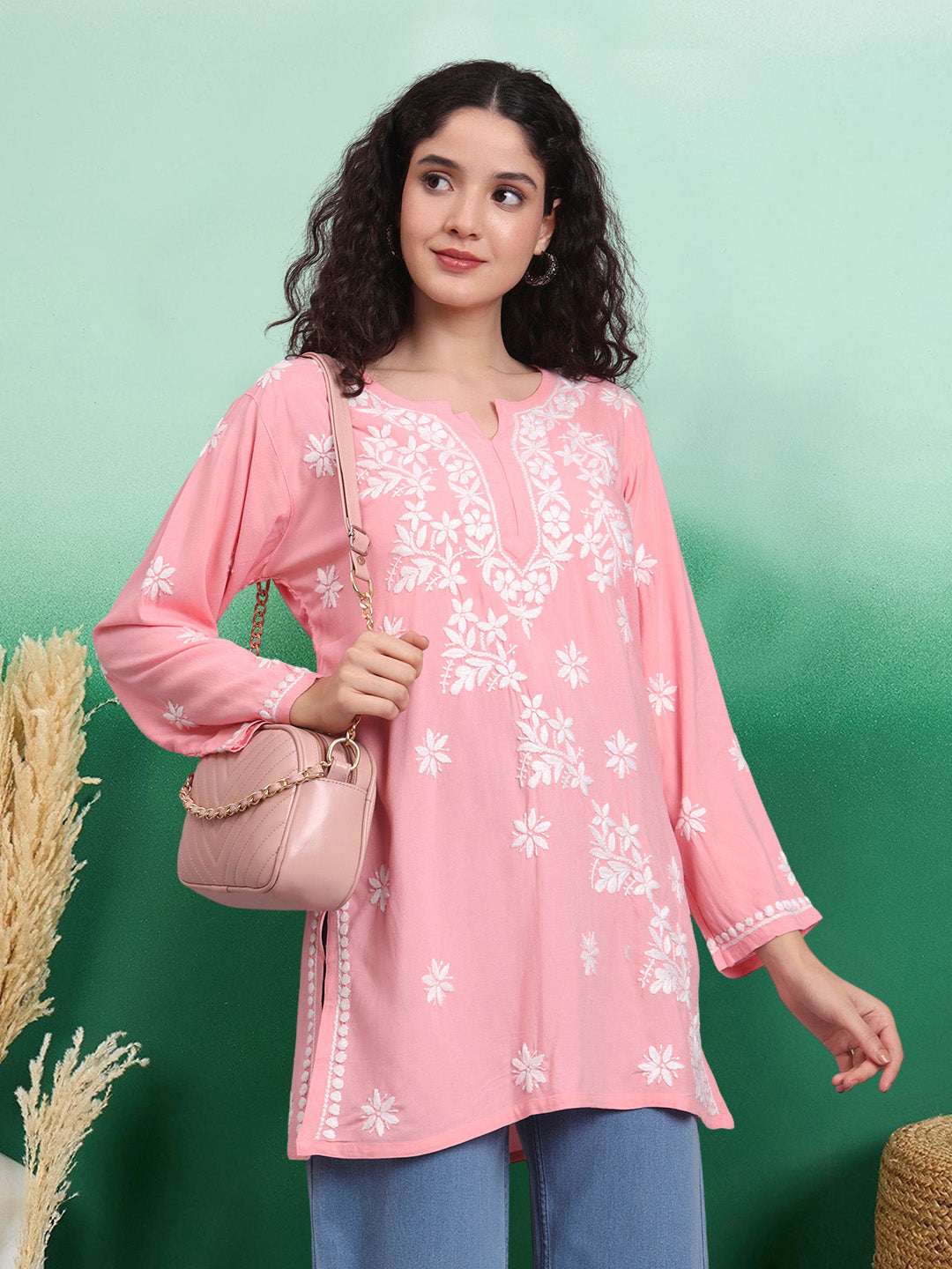 Women Chikankari Hand Embroidered Rayon Kurti -AL4071 Peach