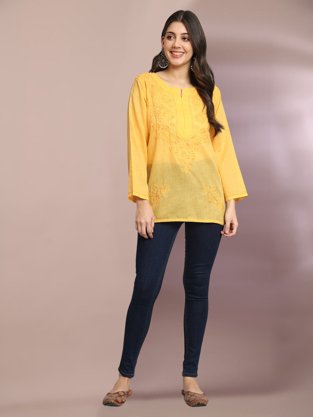 Hand Embroidered Chikankari Cotton Straight Kurti-AL3405 Yellow