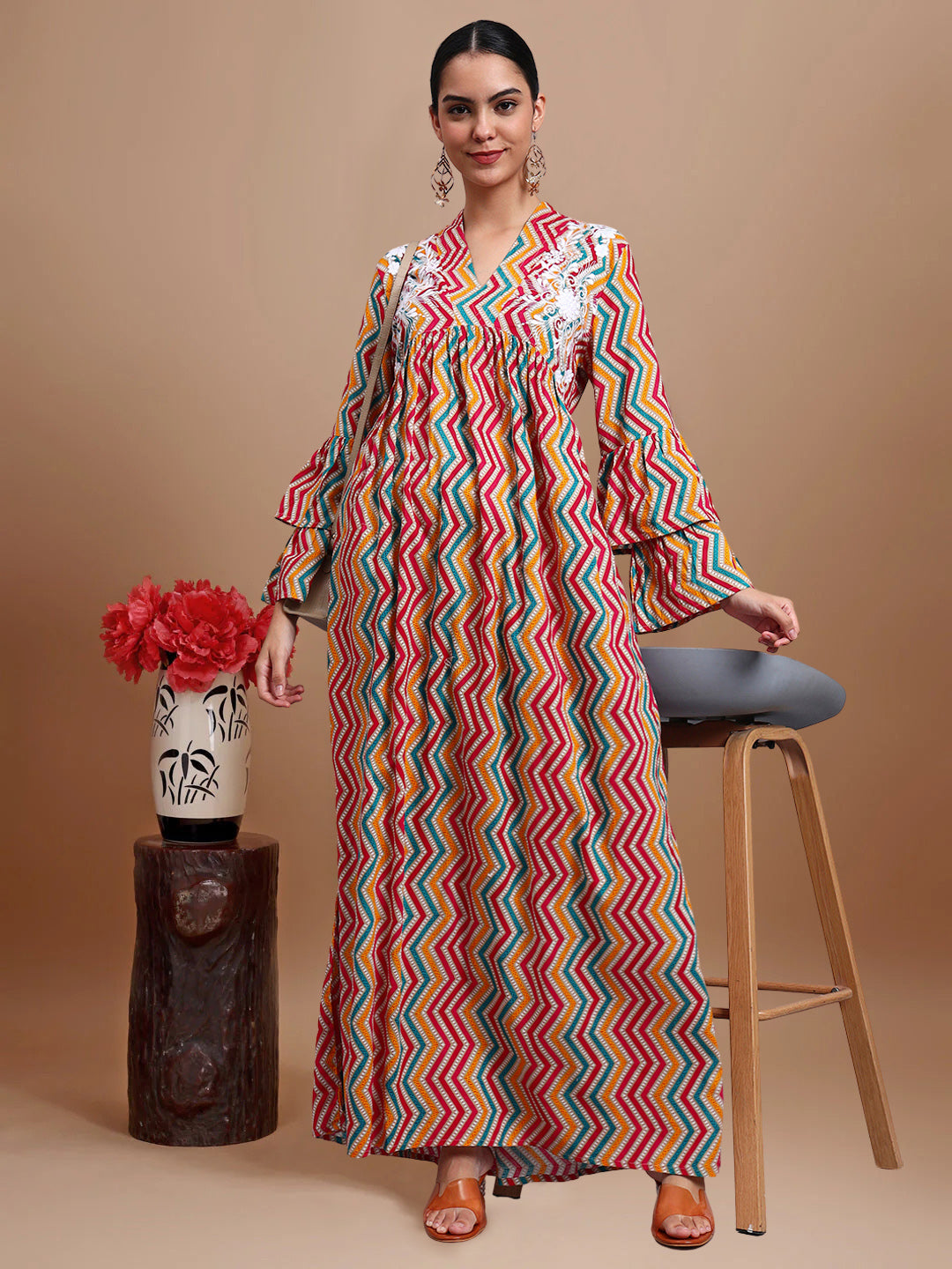 Women Embroided Mul Printed Cotton Jalabiya-AL4098A Magenta