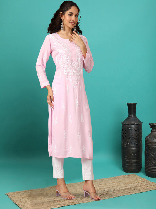 Hand Embroidered Chikankari Rayon Straight Kurta-AL3451 Pink