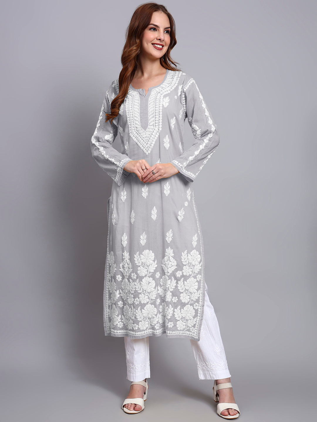 Women Hand Embroidered Chikankari Mulmul Kurti -AL3723 Grey