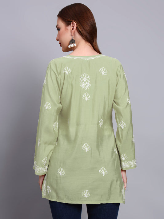Women Hand Embroidered Chikankari Chanderi Short Kurti-AL4090 Green