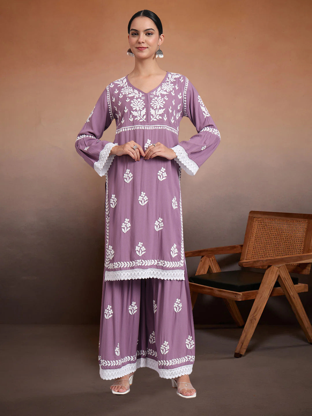 Women Hand Embroidered Lucknowi Chikankari Rayon Kurta Set-AL4077KS Mauve