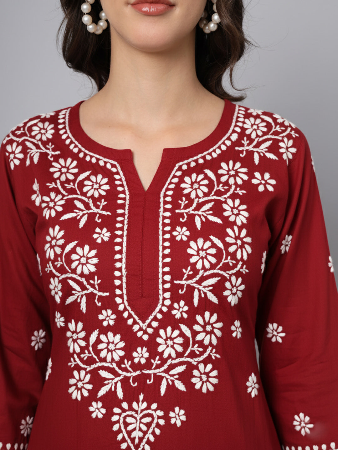 Women Hand Embroidered Modal Chikankari Kurti-AL3611 Maroon