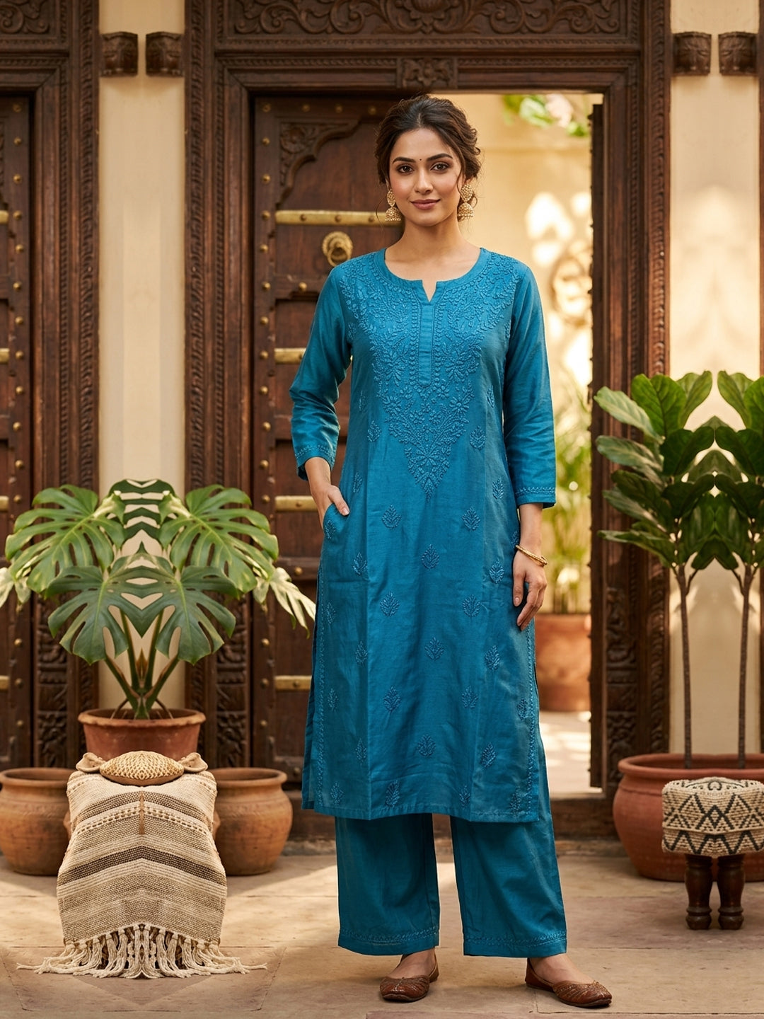 Women Hand Embroidered Chikankari Muslin Kurta Set-AL4115KS