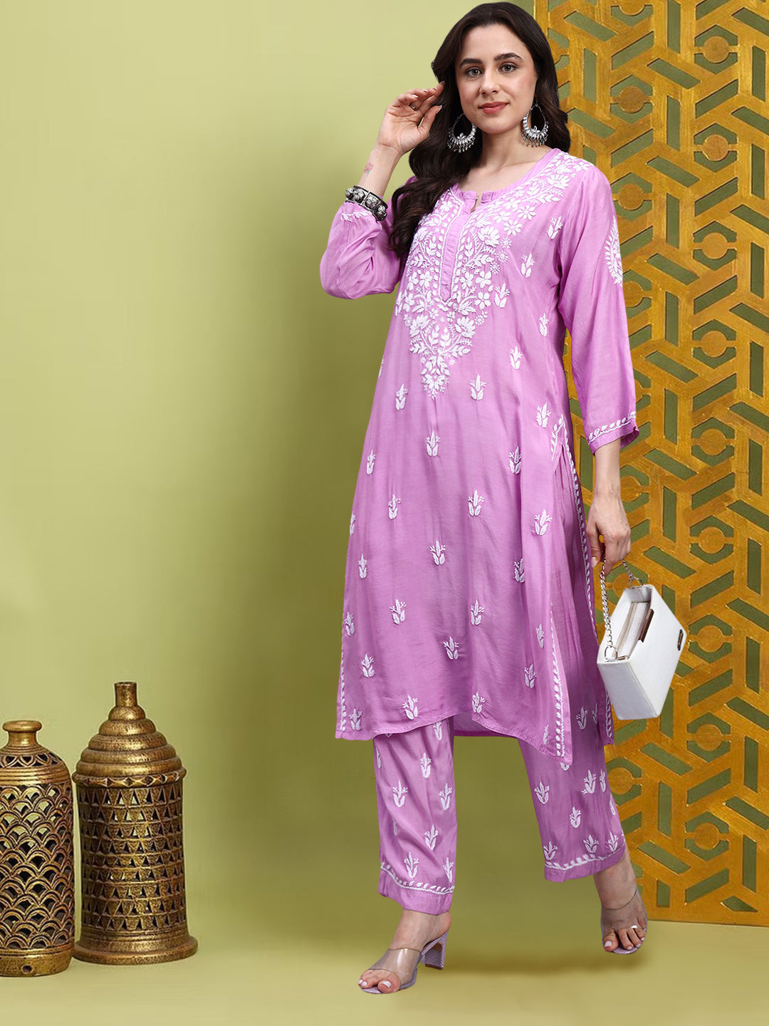 Women Hand Embroidered Chikankari Muslin Kurta Set-AL4114KS New