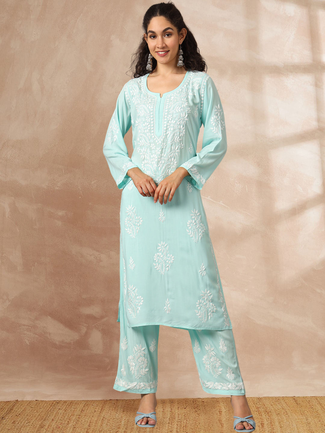 Women Hand Embroidered Chikankari Modal Kurta Set-AL3600KS Seagreen
