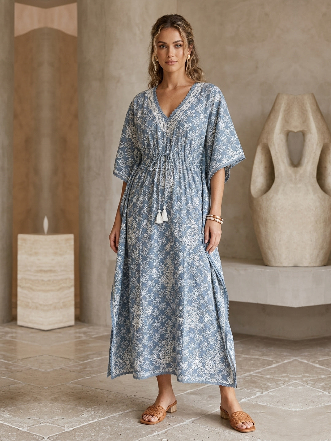 Hand Embroidered Chikankari Cotton Kaftan-AL3833 New Grey