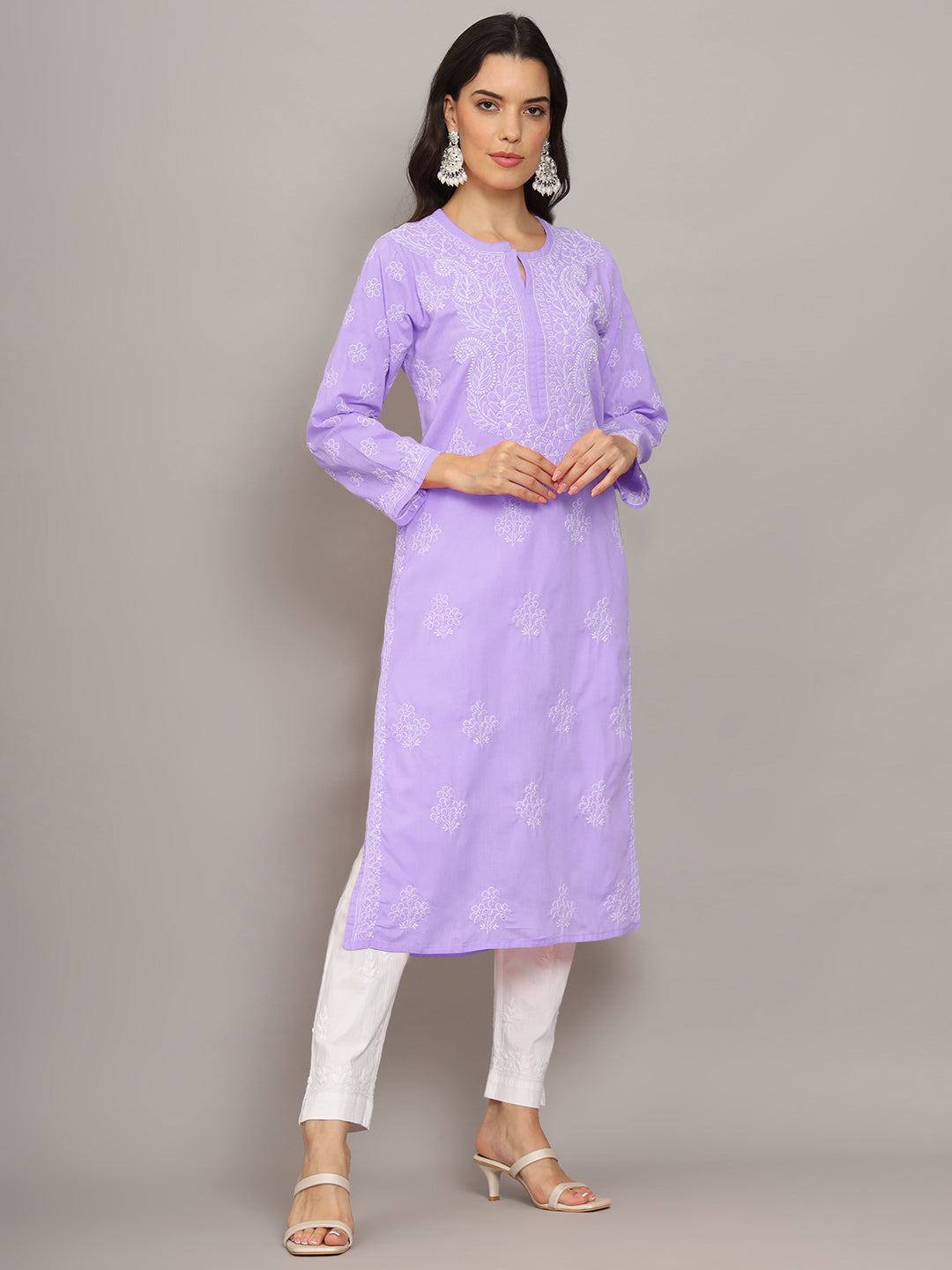 Women Hand Embroidered Chikankari Cotton Kurta-AL4043 Lavender