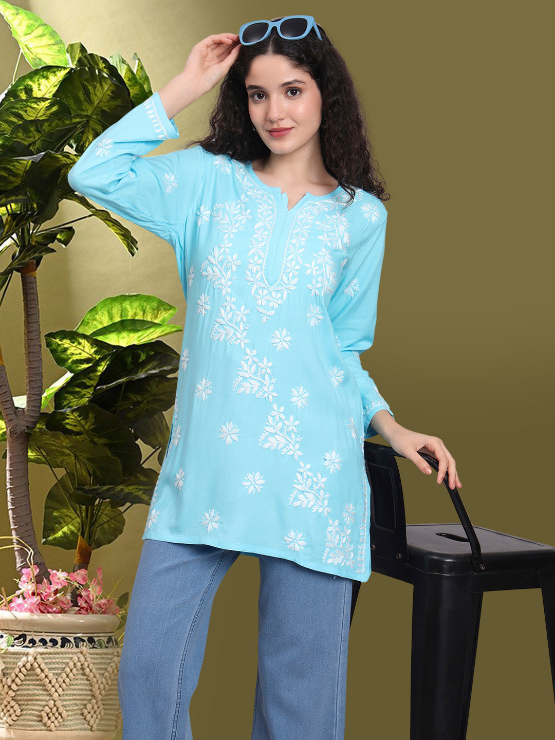Women Hand Embroidered Chikankari Rayon Kurti-AL4071 Sky Blue
