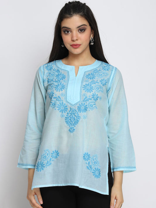 Hand Embroidered Chikankari Cotton Straight Kurti-AL3405 Skyblue