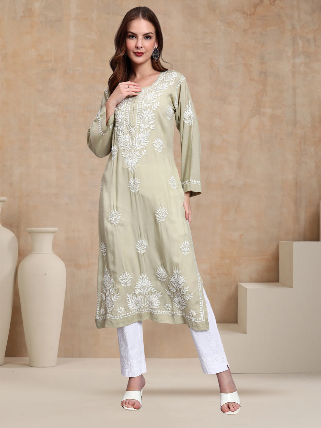 Hand Embroidered Chikankari Modal Straight Kurta-AL3683 Olivegreen
