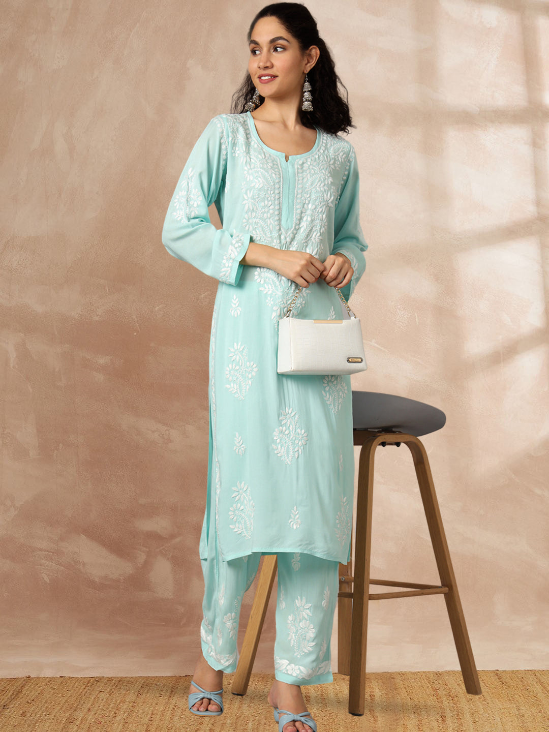 Women Hand Embroidered Chikankari Modal Kurta Set-AL3600KS Seagreen