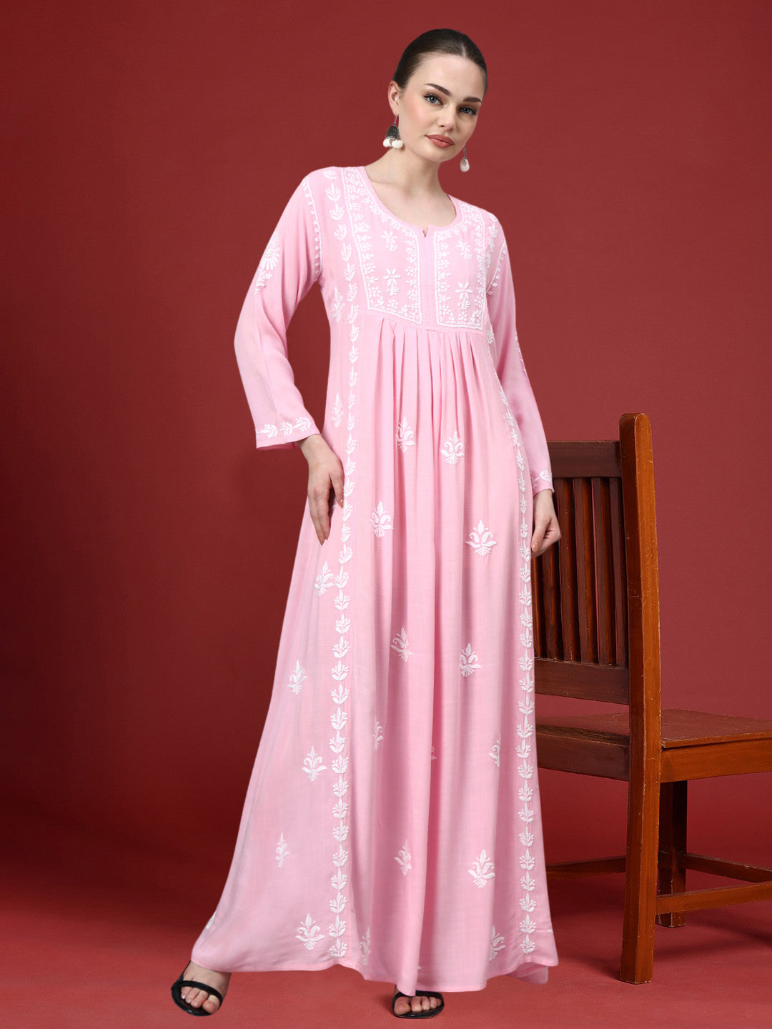 Hand Embroidered Chikankari Rayon Jalabiya-AL4121 Babypink