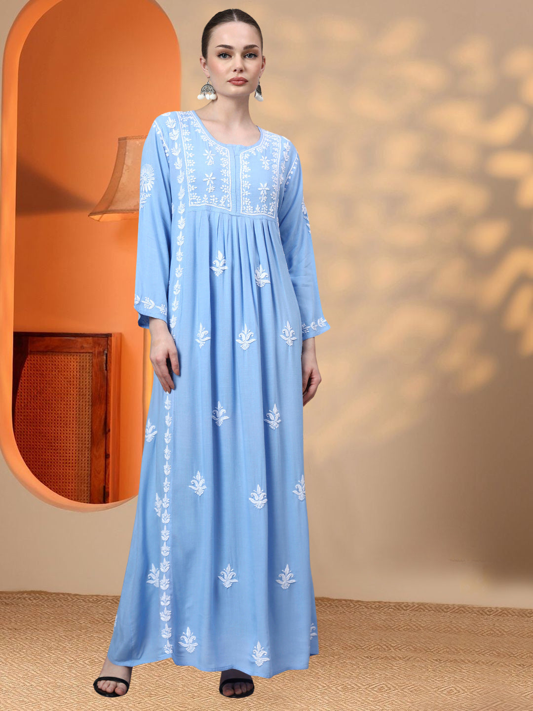 Hand Embroidered Chikankari Rayon Jalabiya-AL4121 Denimblue