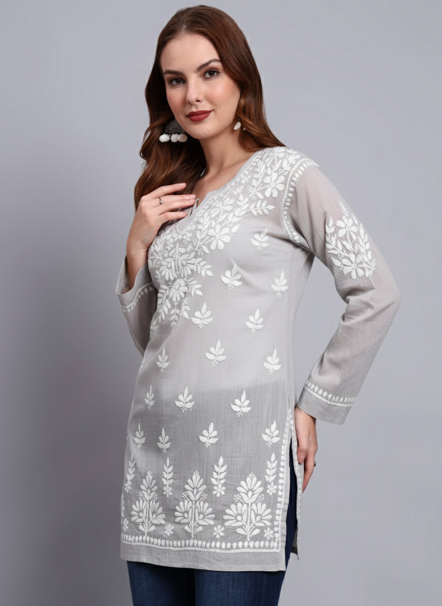 Women Hand Embroidered Chikankari Mulmul Short Top -AL3724 Grey