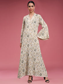 Women Beige Floral Printed Rayon Jalabiya with Bell Sleeves & V-Neckline-AL4007
