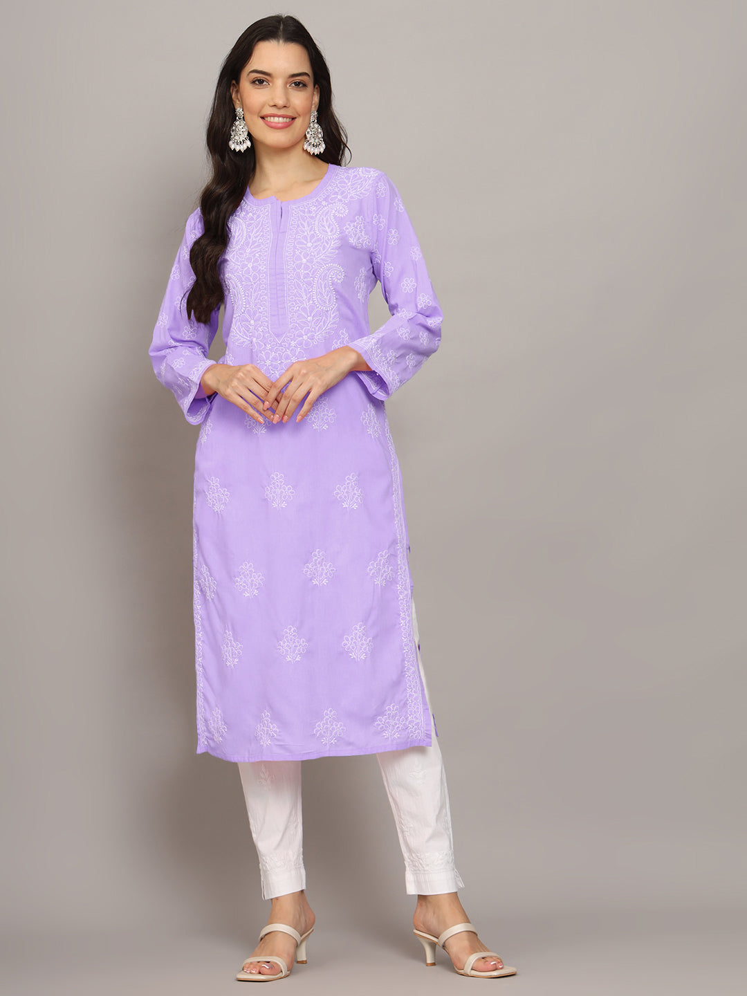 Women Hand Embroidered Chikankari Cotton Kurta-AL4043 Lavender
