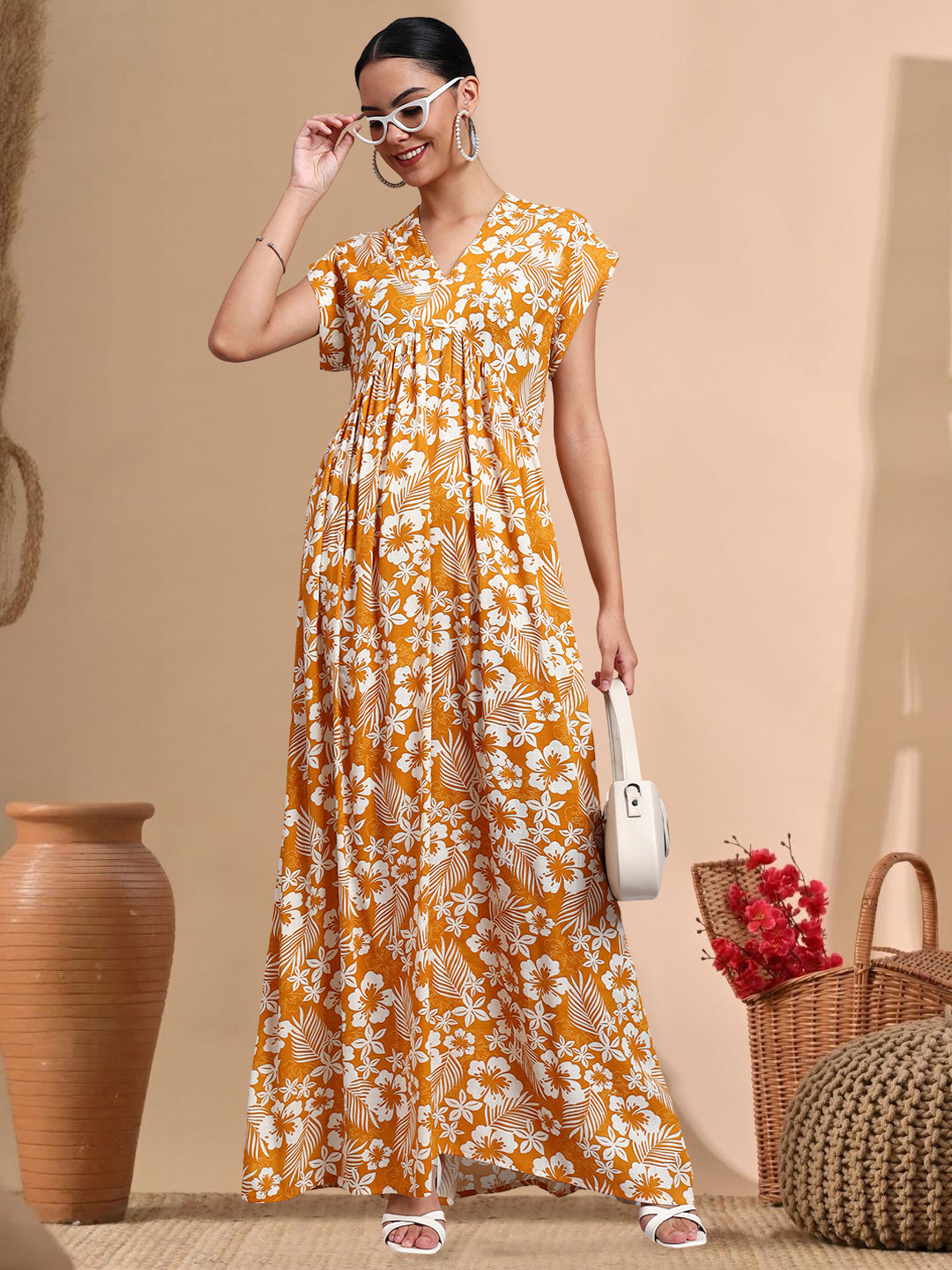 Hand Embroidered Chikankari Cotton Jalabiya-AL3697 Mustard