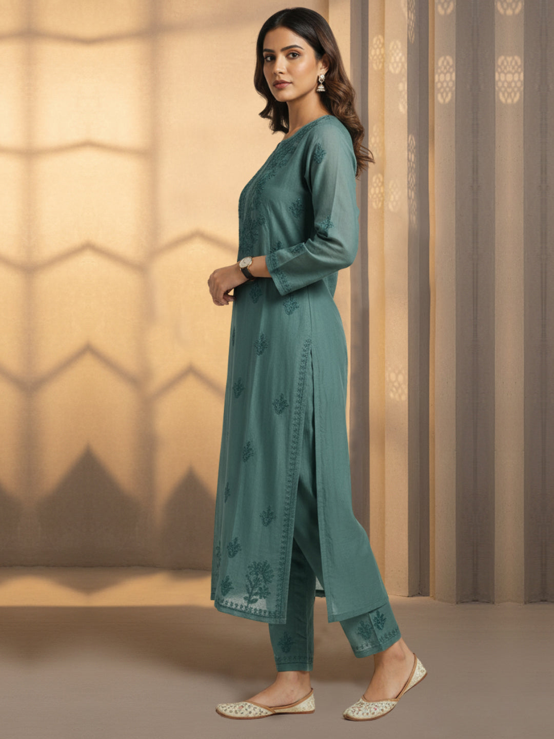 Women Hand Embroidered Chikankari Chanderi Kurta Set-AL4106KS Violet