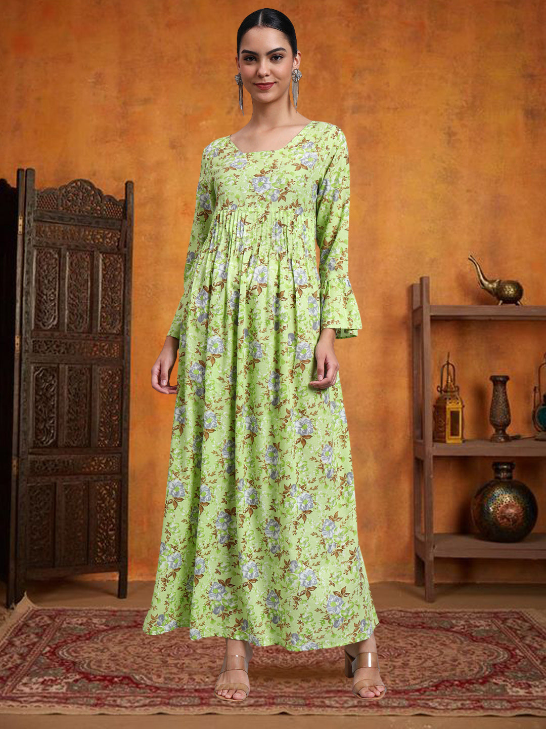 Women Green Floral Printed Cotton Jalabiya with Flared Sleeves & Round Neckline-AL4045 Parrotgreen