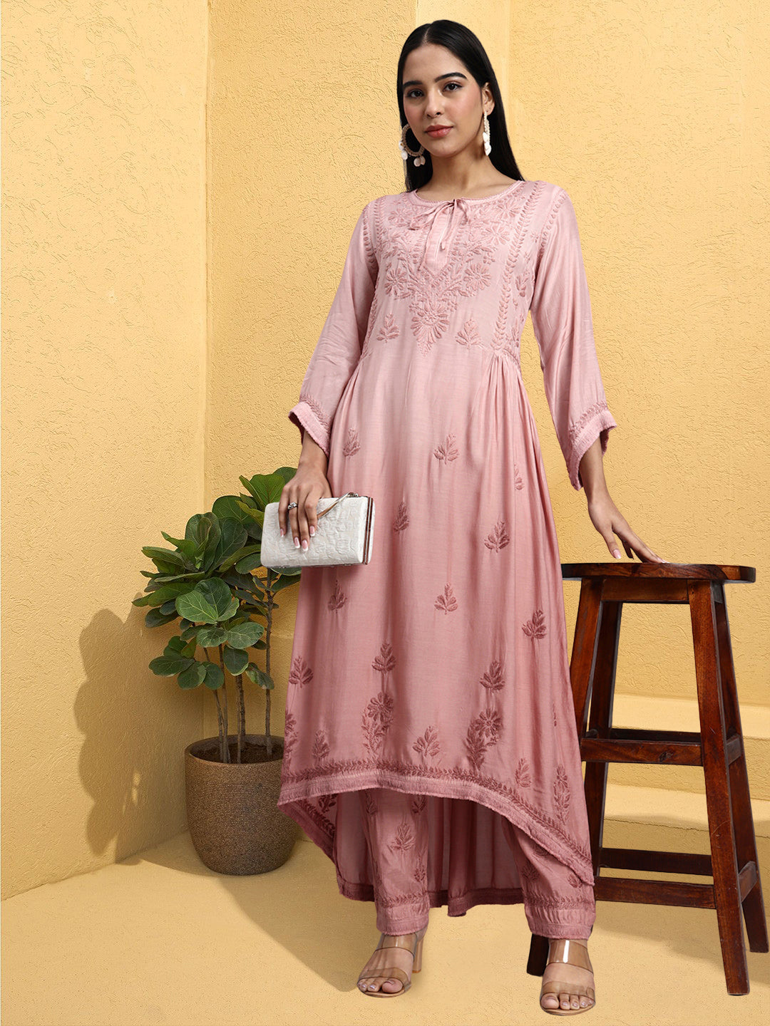 Women Hand Embroidered Chikankari Muslin Kurta Set-AL4101KS Beige