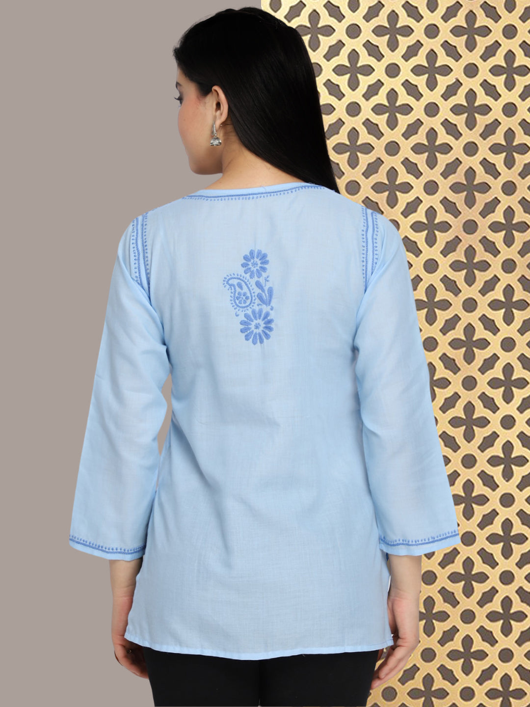 Hand Embroidered Chikankari Cotton Straight Kurti-AL3405 Denim