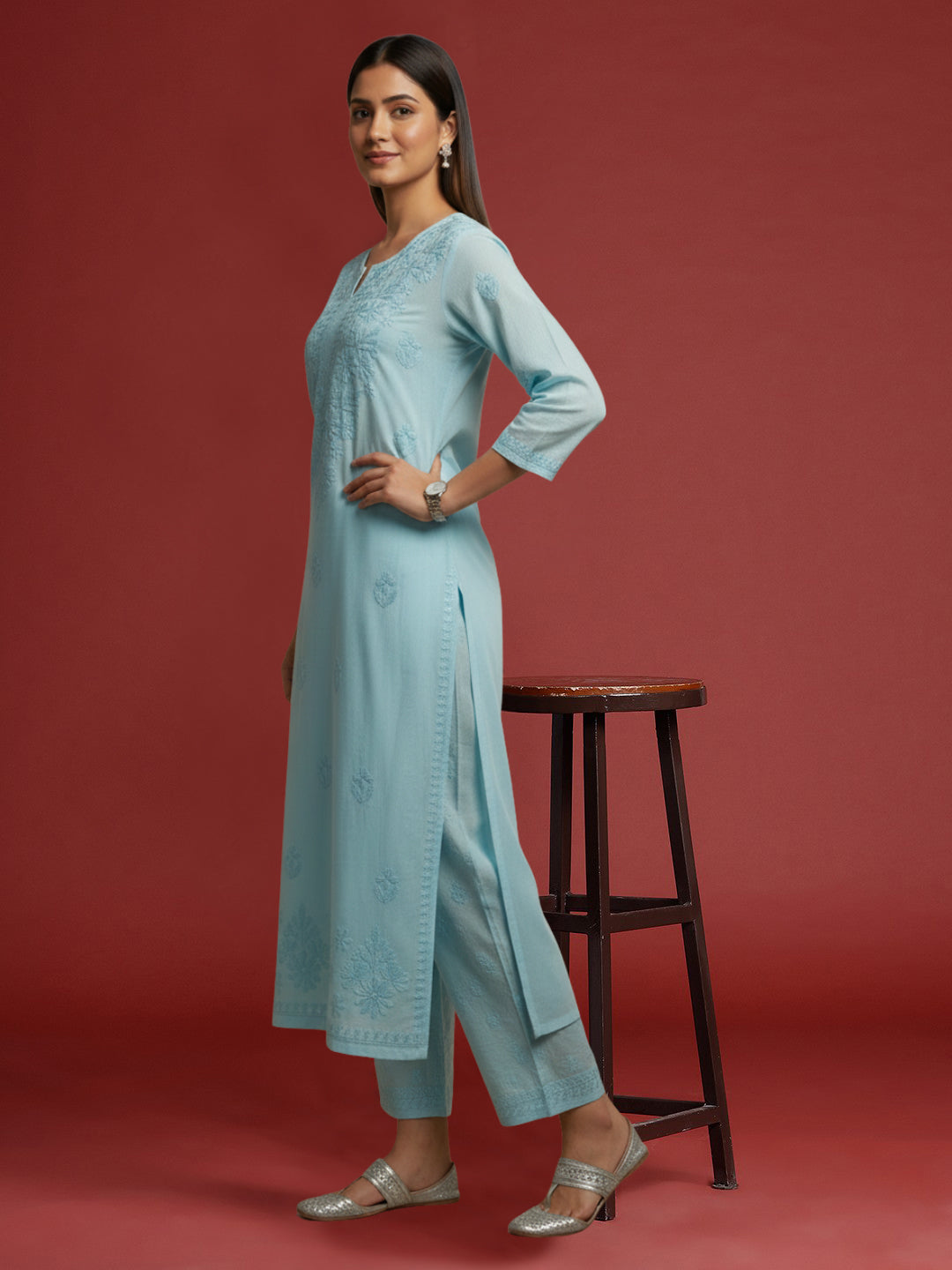 Women Hand Embroidered Chikankari Muslin Kurta Set-AL4104KS Sea Green