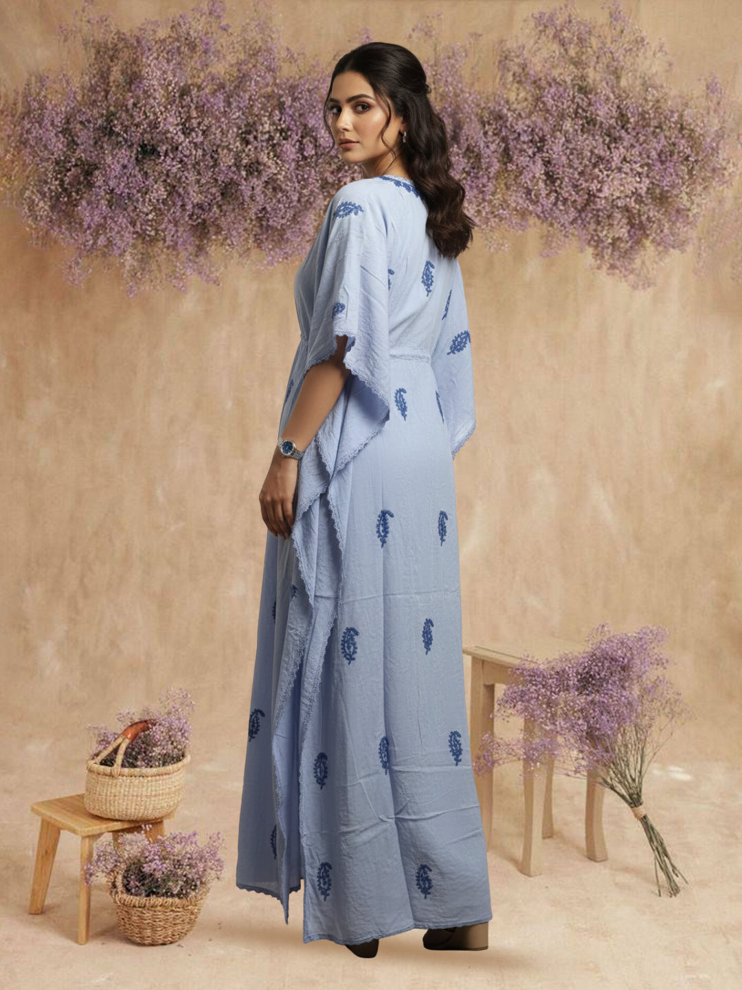 Hand Embroidered Chikankari Rayon Kaftan-AL3474 Blue