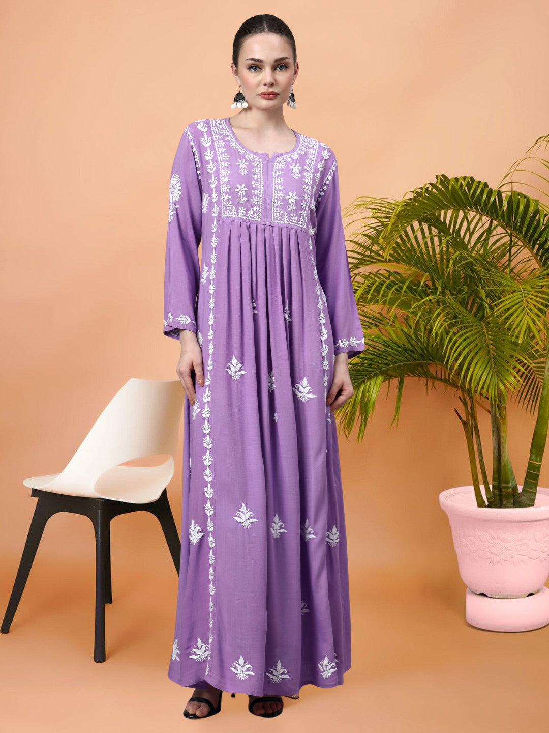 Hand Embroidered Chikankari Rayon Jalabiya-AL4121 Mauve