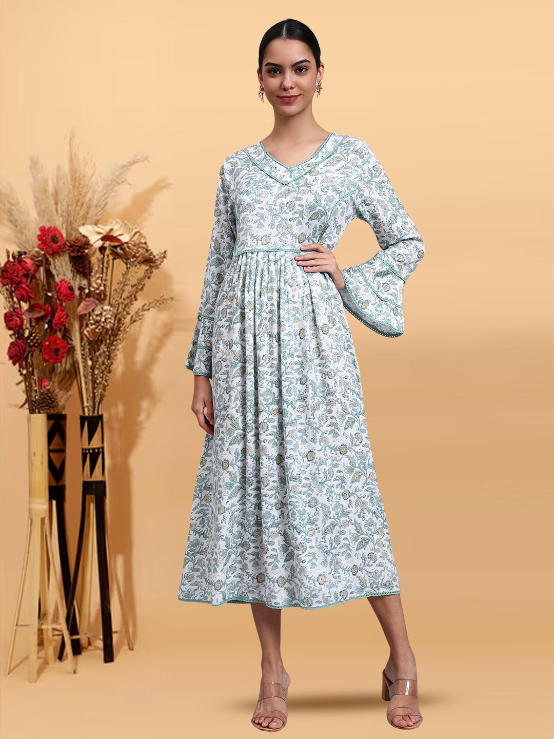 Women Floral Printed Rayon Jalabiya with Flared Sleeves & V-Neckline-AL4011 Green