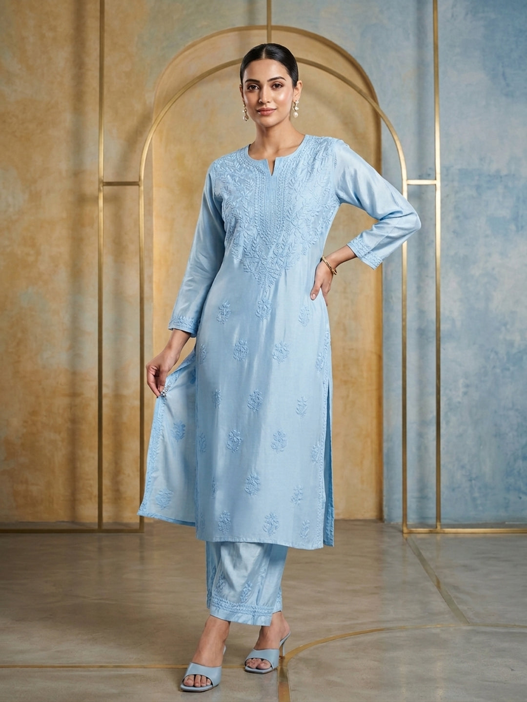 Women Hand Embroidered Chikankari Muslin Kurta Set-AL4118KS Blue