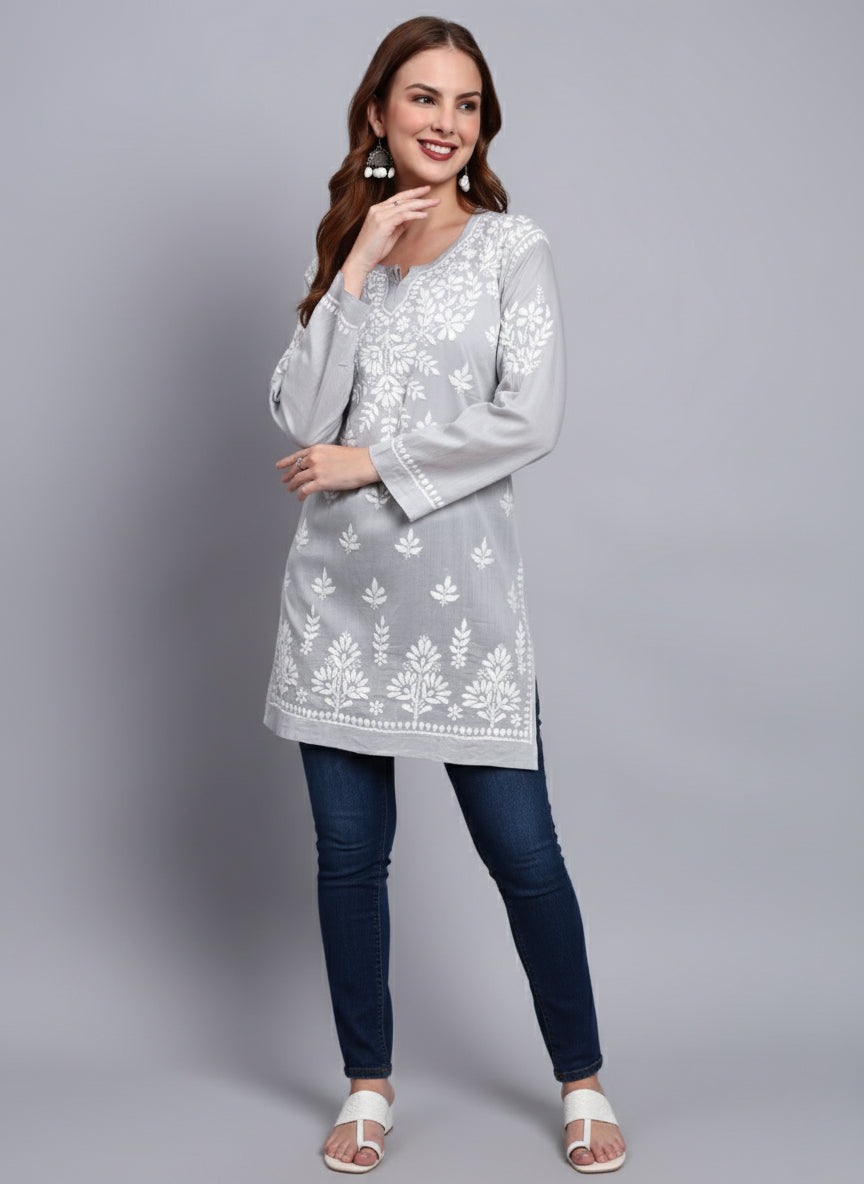 Women Hand Embroidered Chikankari Mulmul Short Top -AL3724 Grey