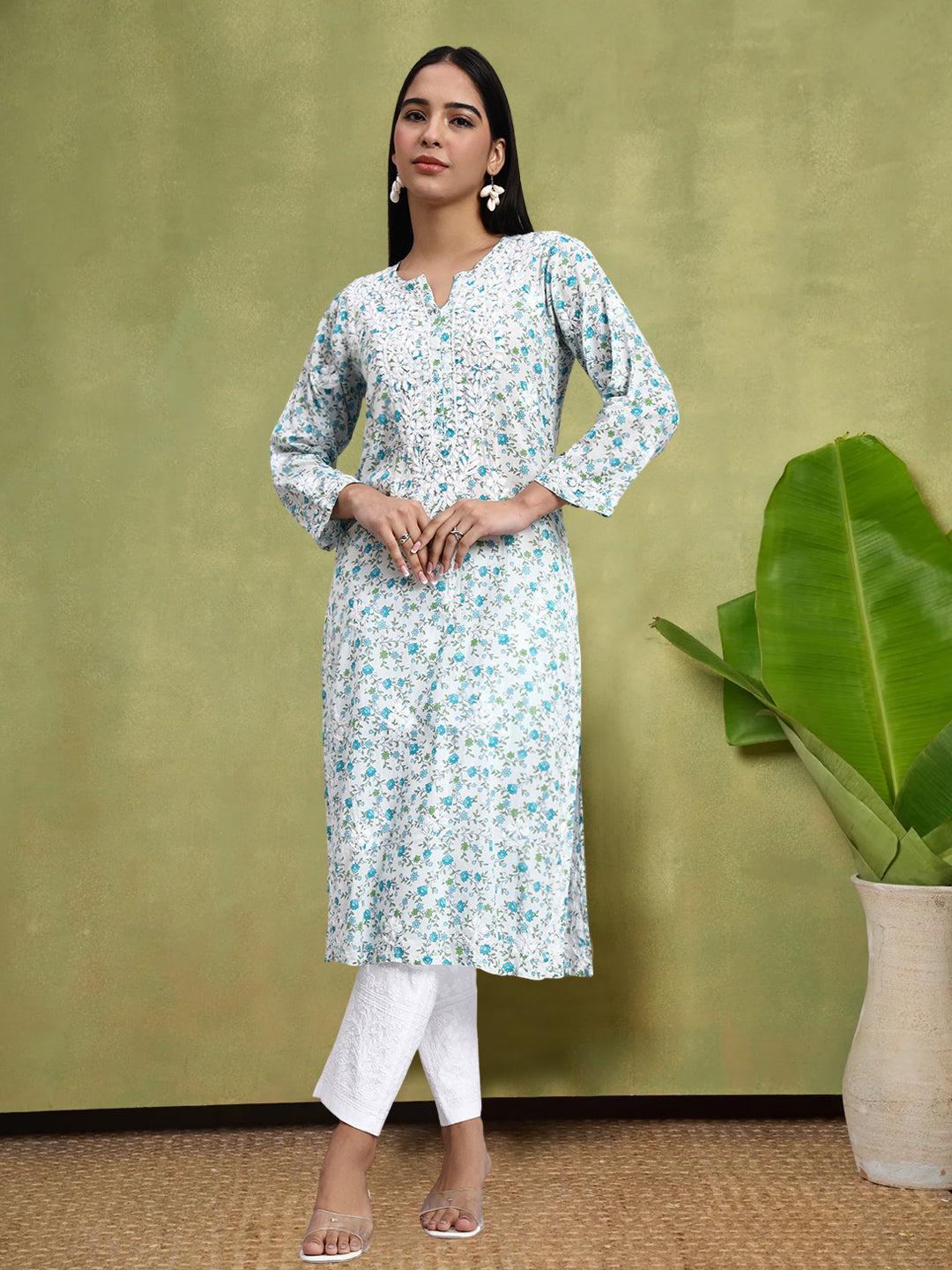 Hand Embroidered Chikankari Cotton Kurta-AL4105 Blue