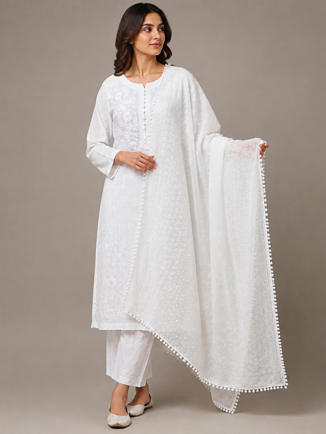 Women Embroidered Georgette Dupatta-AL3721NEW Cream