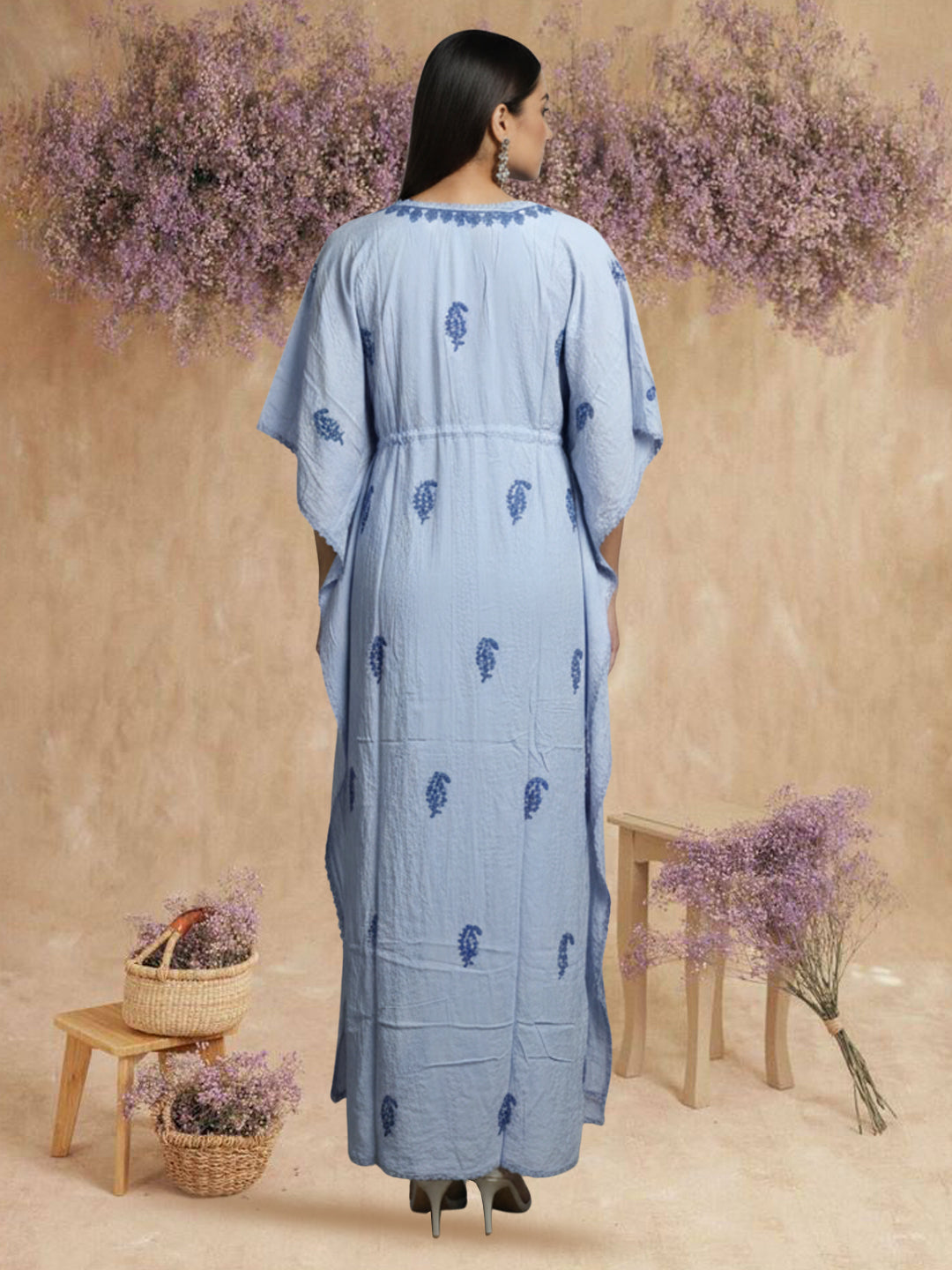 Hand Embroidered Chikankari Rayon Kaftan-AL3474 Blue