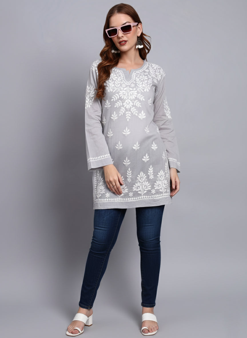 Women Hand Embroidered Chikankari Mulmul Short Top -AL3724 Grey