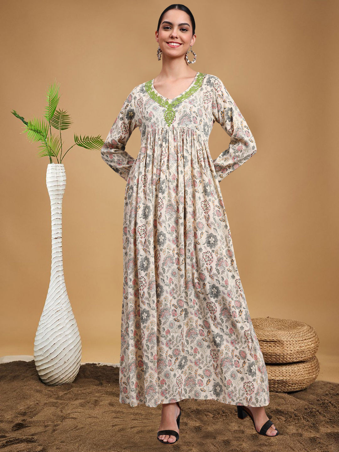 Women's Printed Rayon Jalabiya with Embroidered Neck-AL4067 Beige