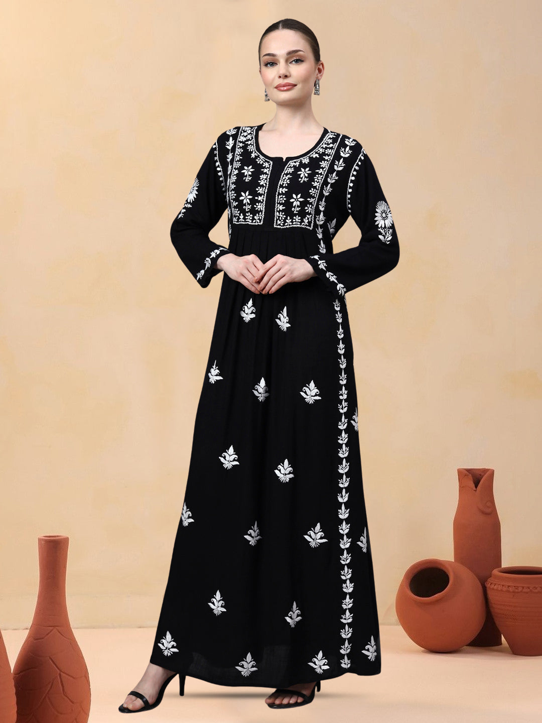 Hand Embroidered Chikankari Rayon Jalabiya-AL4121 Black
