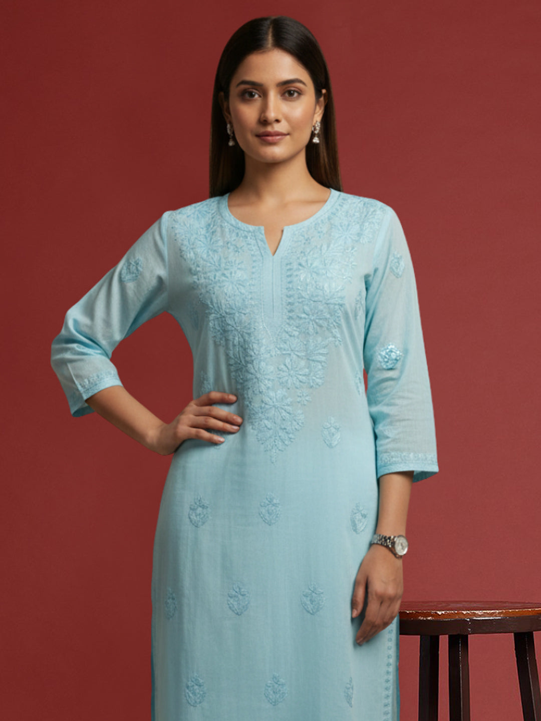 Women Hand Embroidered Chikankari Muslin Kurta Set-AL4104KS Sea Green