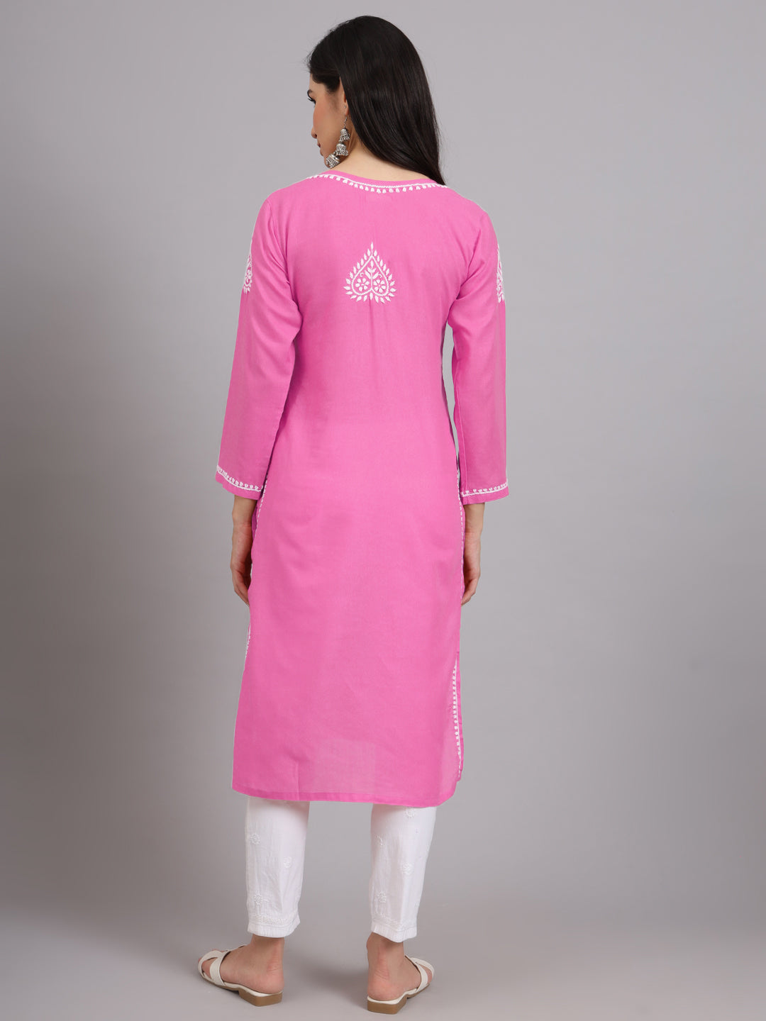 Hand Embroidered Chikankari Cotton Straight Kurta-AL3997 Dark Pink