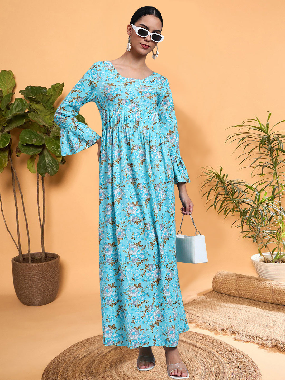 Women Green Floral Printed Cotton Jalabiya with Flared Sleeves & Round Neckline-AL4045 Turquoise
