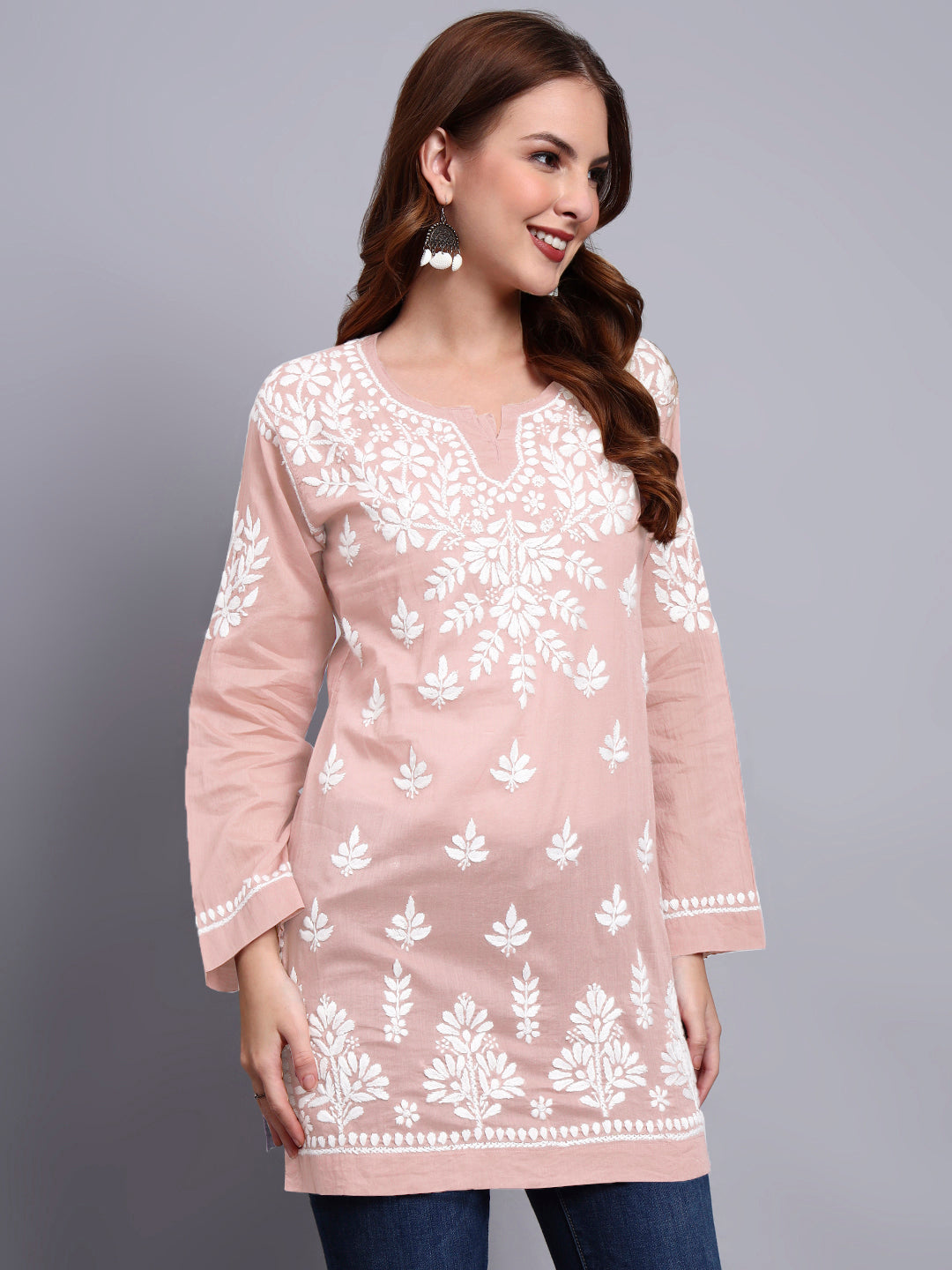 Women Hand Embroidered Chikankari Mulmul Short Top -AL3724 Peach