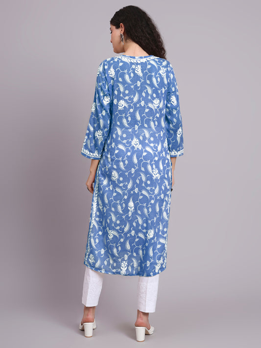 Women Hand Embroidered Chikankari Mul Printed Cotton Kurta-AL4072 Denim
